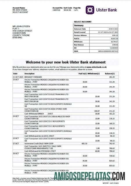Extrato bancário do Ulster no Reino Unido para impressão, modelo Word e PDF